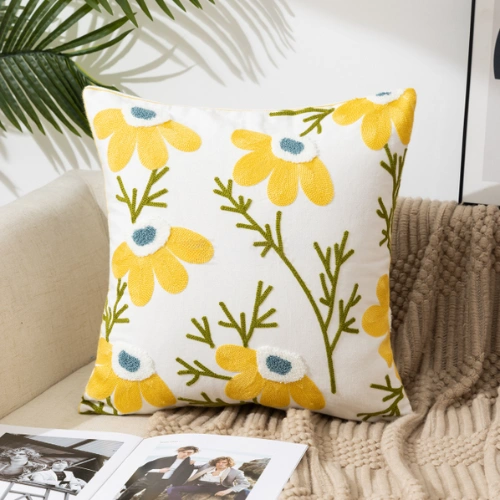 Daisy Embroidered Decorative Cushion Cover