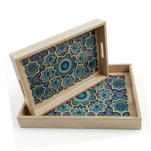Blue Decorative Wooden Serving Tray Set