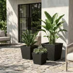 Stone Textured Square Plastic Planter Black