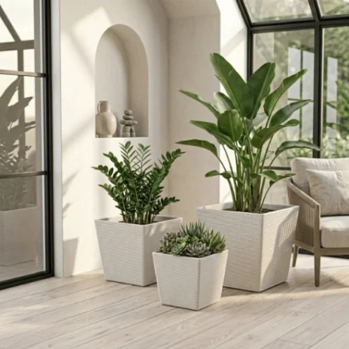 Textured Square Plastic Planter White
