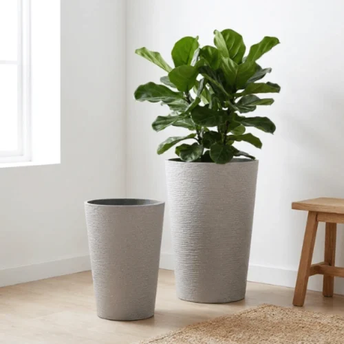 Stone Textured Tall Round Planter Light Gray