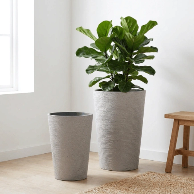 63-70 Stone Textured Tall Round Planter Light Gray