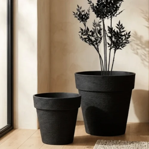 Stone Textured Round Plastic Planter Black