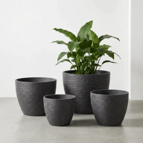 Stone Textured Round Plastic Planter Black