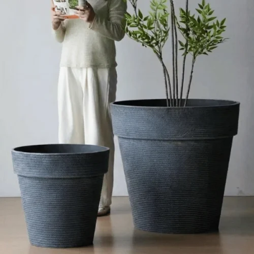 Stone Textured Round Planter Blue Gray
