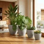 Stone Textured Round Plastic Planter Light Gray - Image 6