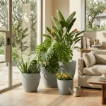 Stone Textured Round Plastic Planter Light Gray - Image 8