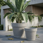 Stone Textured Round Plastic Planter Light Gray - Image 4