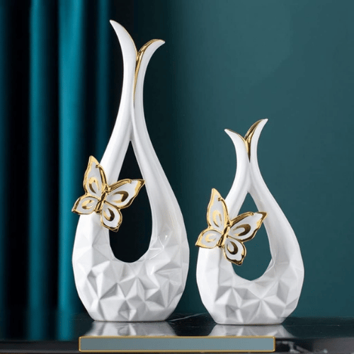 Teardrop Ceramic Butterfly Vase Set White 