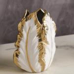 Unique Modern Two Tone Banana Leaf Hollow Ceramic Vase Set White Gold  - Image 4