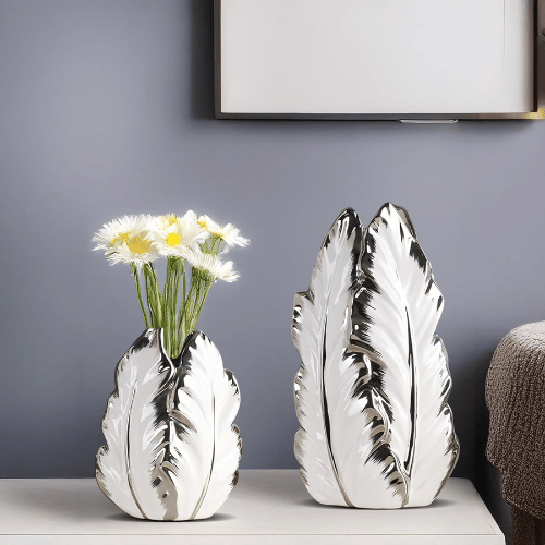 Two Tone Banana Leaf Hollow Ceramic Vase Set White Silver