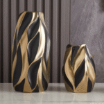 Unique Vertical Stripe Ceramic Black Gold Vase Collection - Image 3