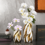 Vertical Stripe Ceramic White Gold Vase Collection