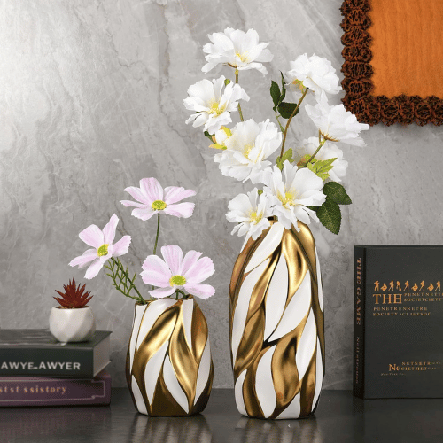 Vertical Stripe Ceramic White Gold Vase Collection