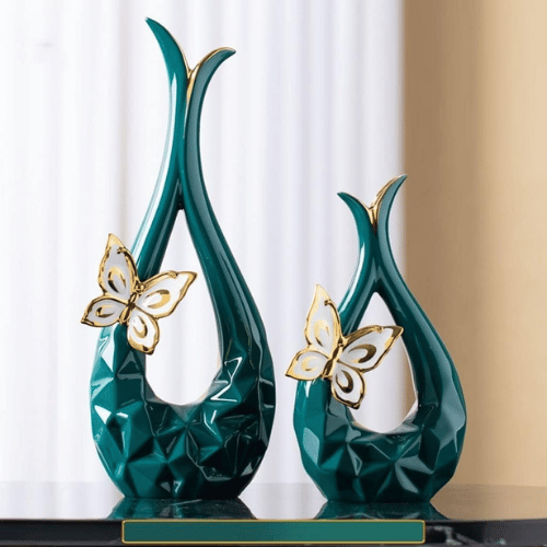 Teardrop Ceramic Butterfly Vase Set Green