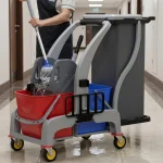 Arched Janitor cleaning cart with wringer bucket  & storage dustbin - Image 2