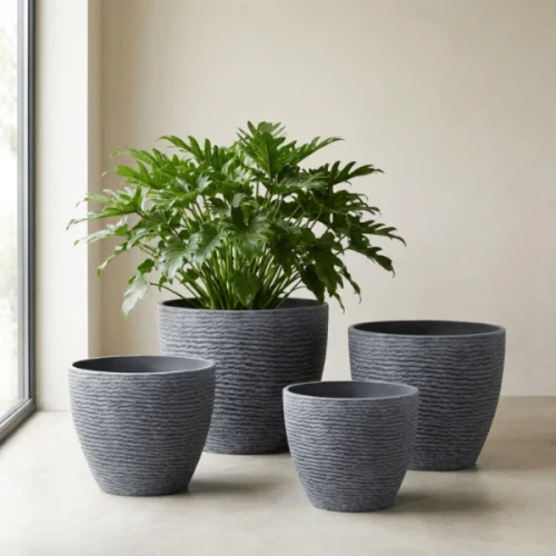 Textured Round Plastic Planter Blue Gray