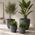 Stone Textured Round Plastic Planter Blue Gray - Image 6