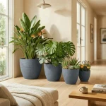 Stone Textured Round Plastic Planter Blue Gray - Image 9