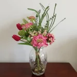 featuring vibrant red and pink dahlia flowers