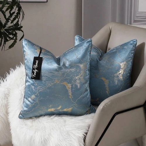 25-25 Blue Abstract Gold Jacquard Cushion Cover